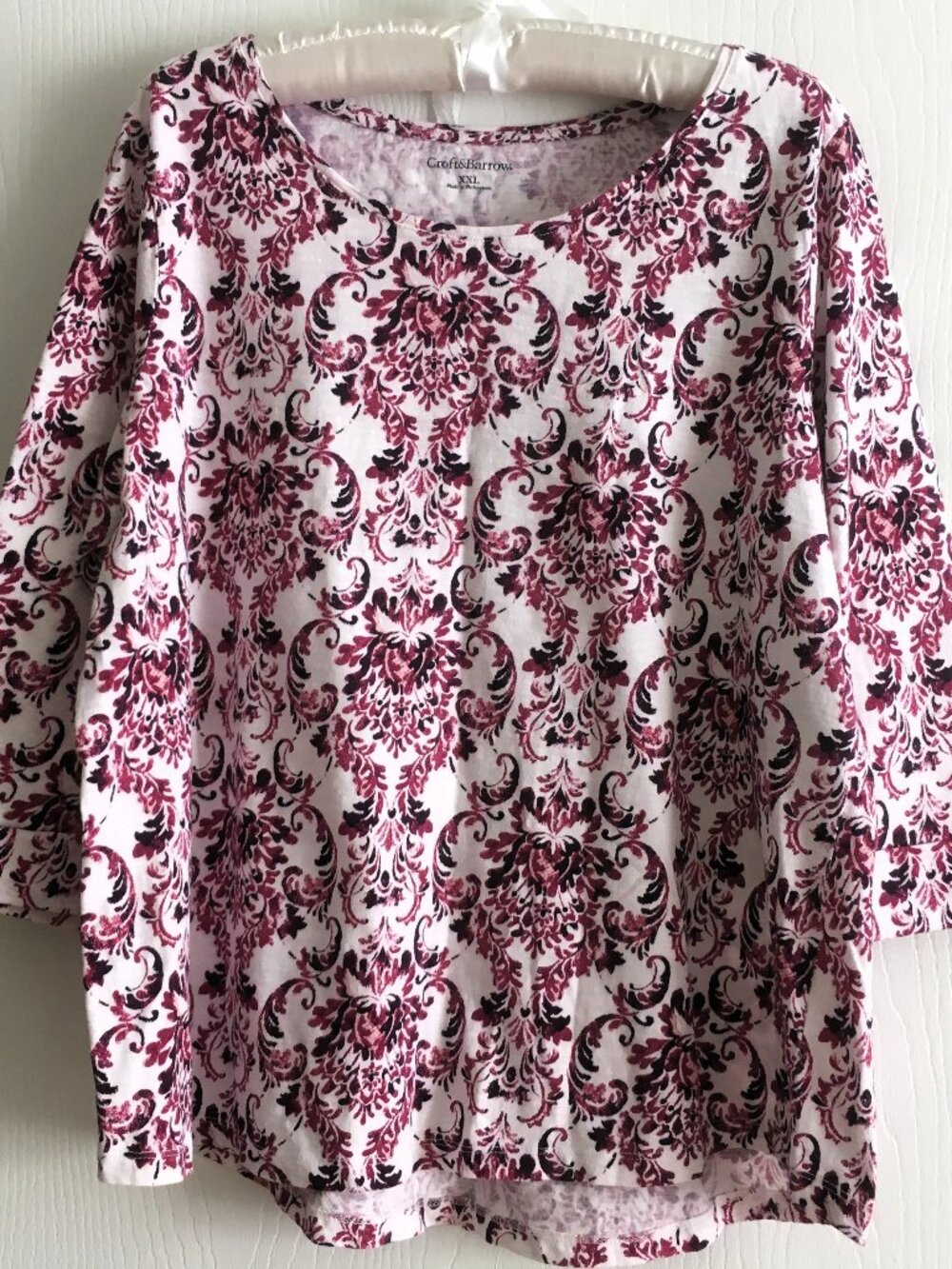 Croft & Barrow XXL Burgandy Print Scoop Neck 100% Cotton ¾ Sleeves, EUC